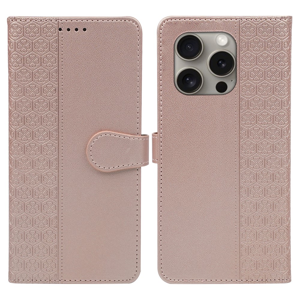 For iPhone 14 Pro Max Case Magnetic Clasp Four-Leaf Clover Leather Phone Cover - Rose Gold