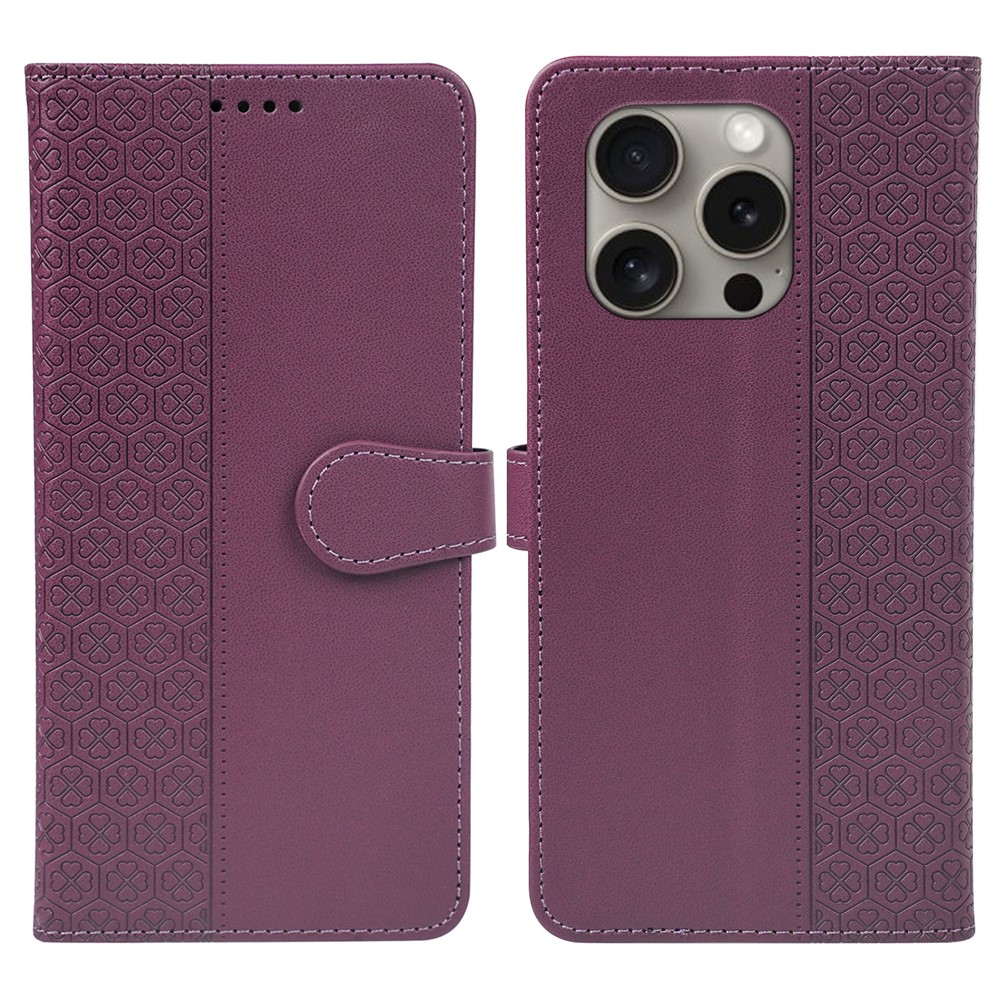 For iPhone 14 Pro Max Case Magnetic Clasp Four-Leaf Clover Leather Phone Cover - Dark Purple