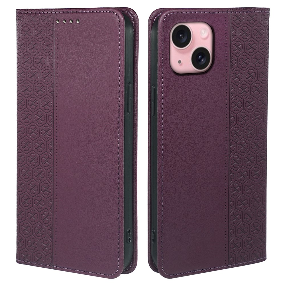 For iPhone 15 Case Four-Leaf Clover Leather Flip Phone Cover Stand Wallet - Dark Purple