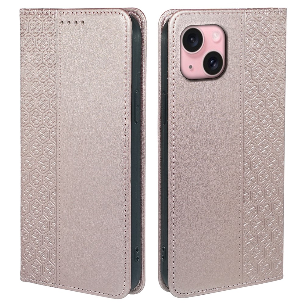 For iPhone 15 Case Four-Leaf Clover Leather Flip Phone Cover Stand Wallet - Rose Gold