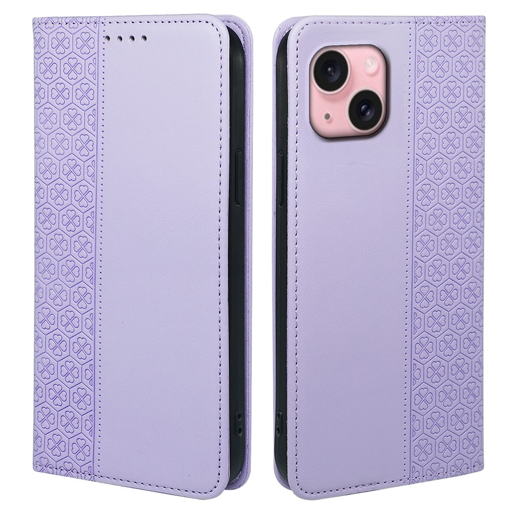 For iPhone 15 Case Four-Leaf Clover Leather Flip Phone Cover Stand Wallet - Light Purple