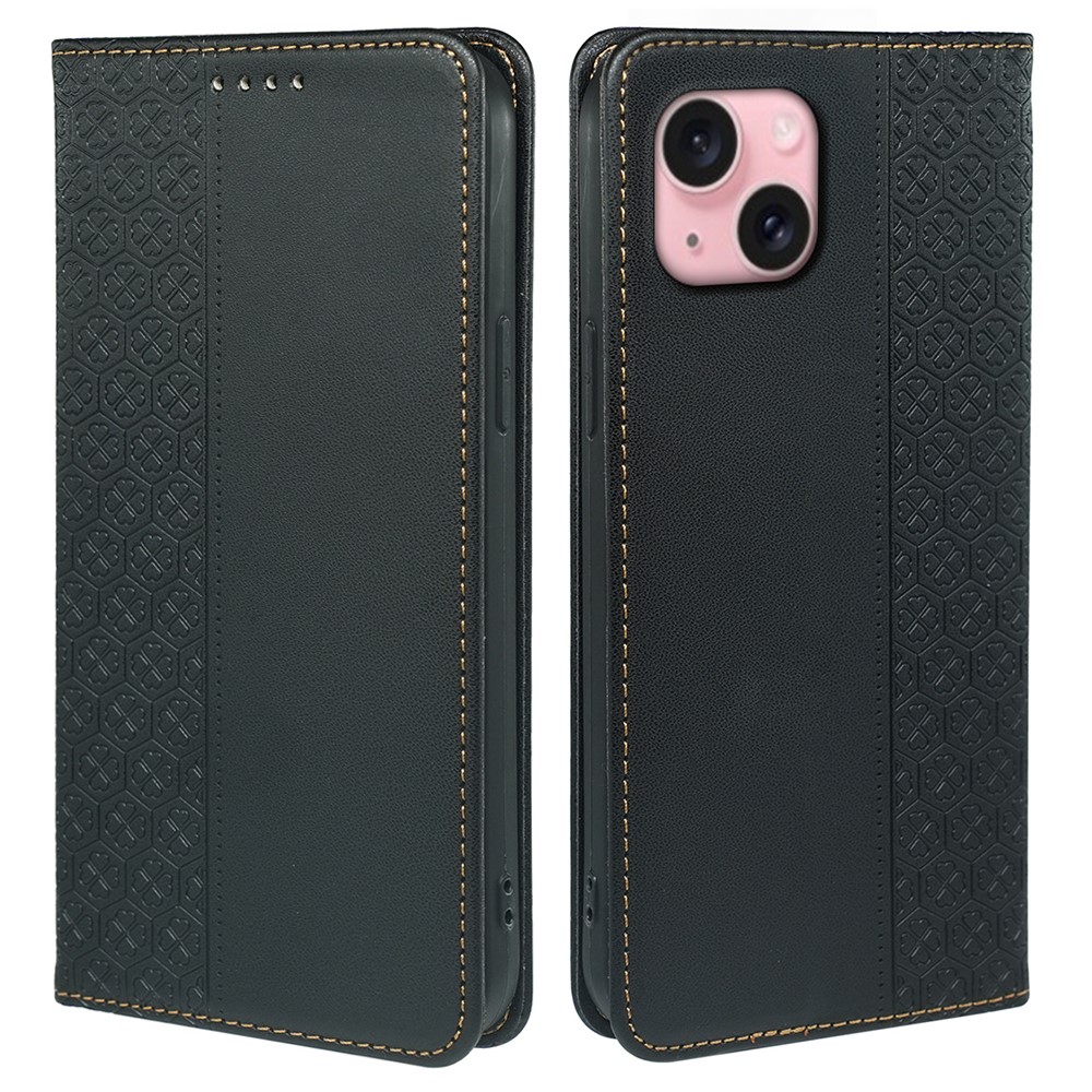For iPhone 14 Case Four-Leaf Clover Leather Flip Phone Cover Stand Wallet - Black
