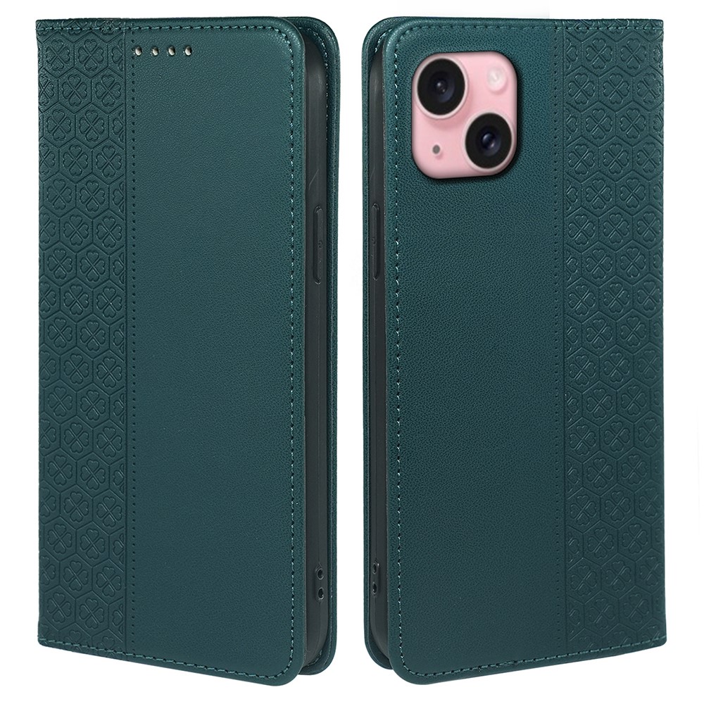 For iPhone 14 Case Four-Leaf Clover Leather Flip Phone Cover Stand Wallet - Green