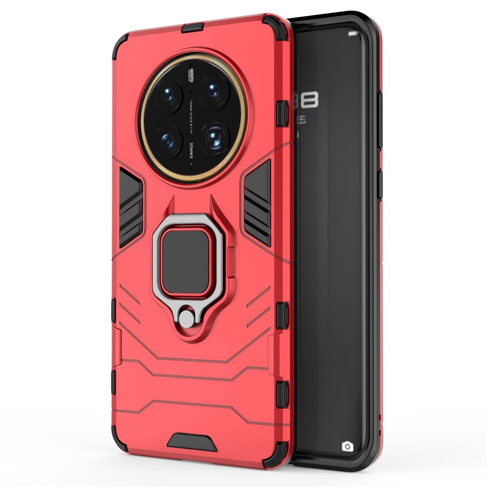 For Huawei Mate 50 Pro 4G Hard PC Soft TPU Dual Layered Shockproof Cover Ring Kickstand Grip Protective Phone Case - Red-1