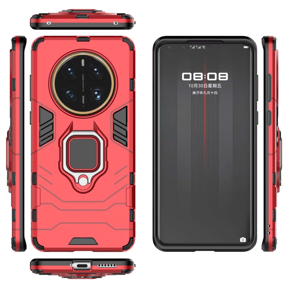 For Huawei Mate 50 Pro 4G Hard PC Soft TPU Dual Layered Shockproof Cover Ring Kickstand Grip Protective Phone Case - Red-6