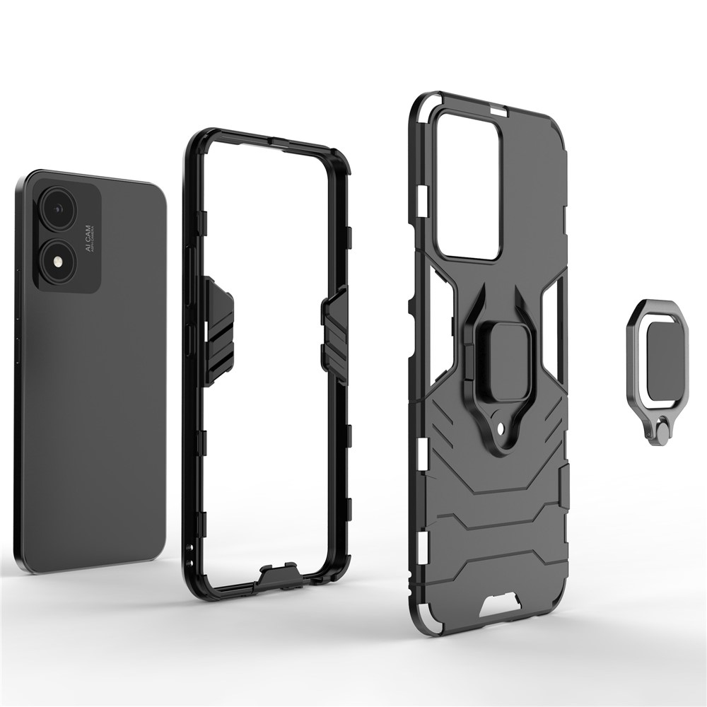 For vivo Y02s 4G Phone Case Ring Kickstand Hybrid Hard PC Soft TPU Shockproof Protective Cover - Black-3