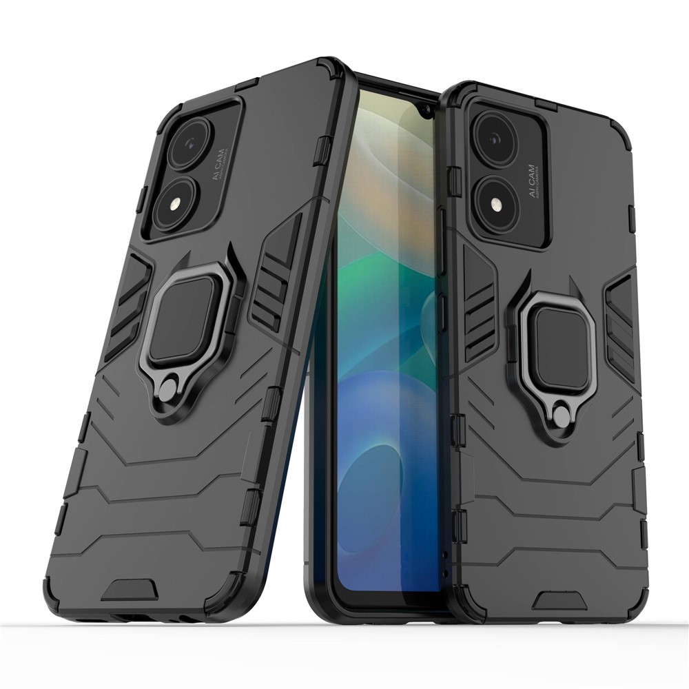 For vivo Y02s 4G Phone Case Ring Kickstand Hybrid Hard PC Soft TPU Shockproof Protective Cover - Black-6