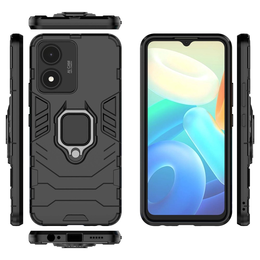 For vivo Y02s 4G Phone Case Ring Kickstand Hybrid Hard PC Soft TPU Shockproof Protective Cover - Black-7