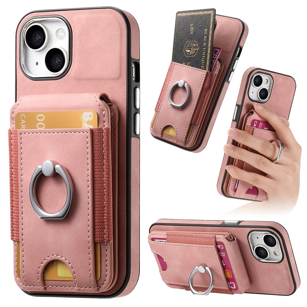 E6 For iPhone 15 Case Skin-touch Texture Vertical Flip Card Holder Ring Holder Kickstand Anti-drop Cover - Pink