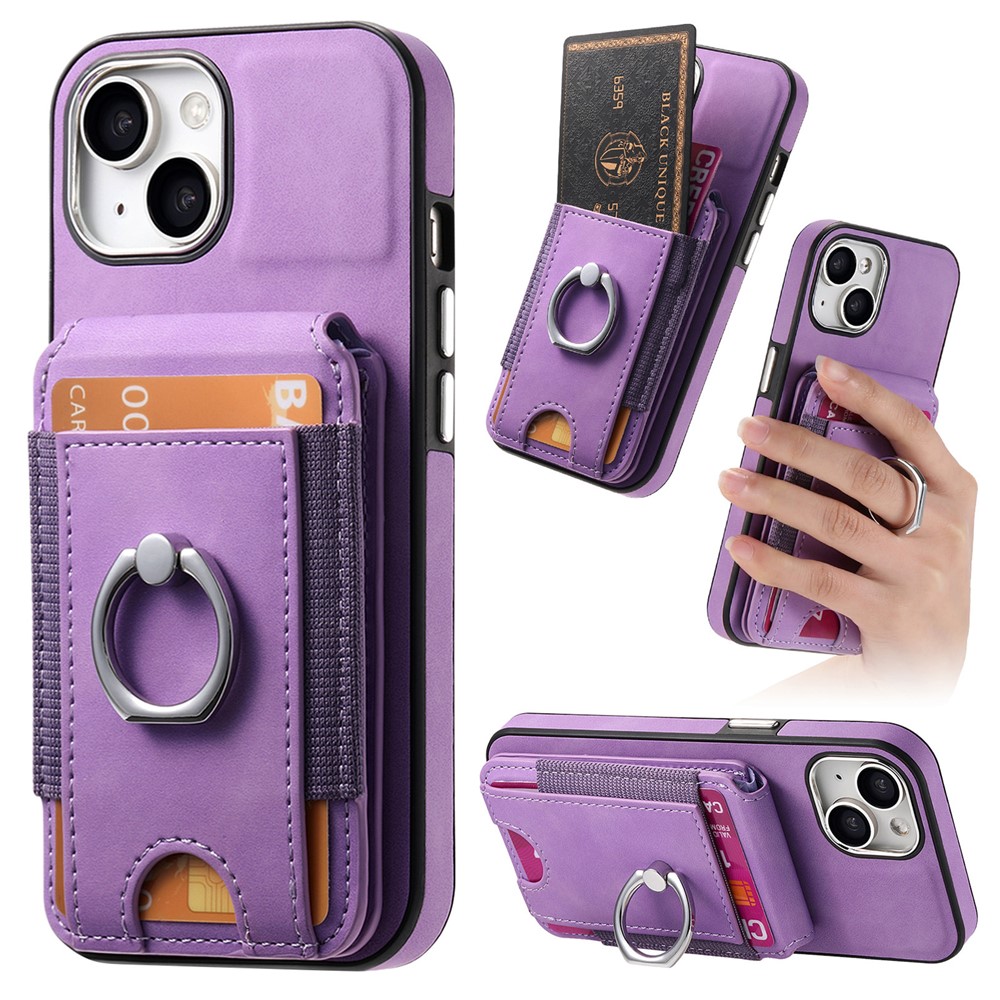 E6 For iPhone 15 Case Skin-touch Texture Vertical Flip Card Holder Ring Holder Kickstand Anti-drop Cover - Purple