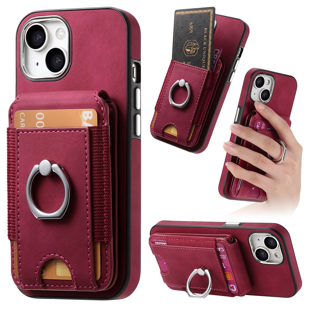 E6 For iPhone 15 Case Skin-touch Texture Vertical Flip Card Holder Ring Holder Kickstand Anti-drop Cover - Red