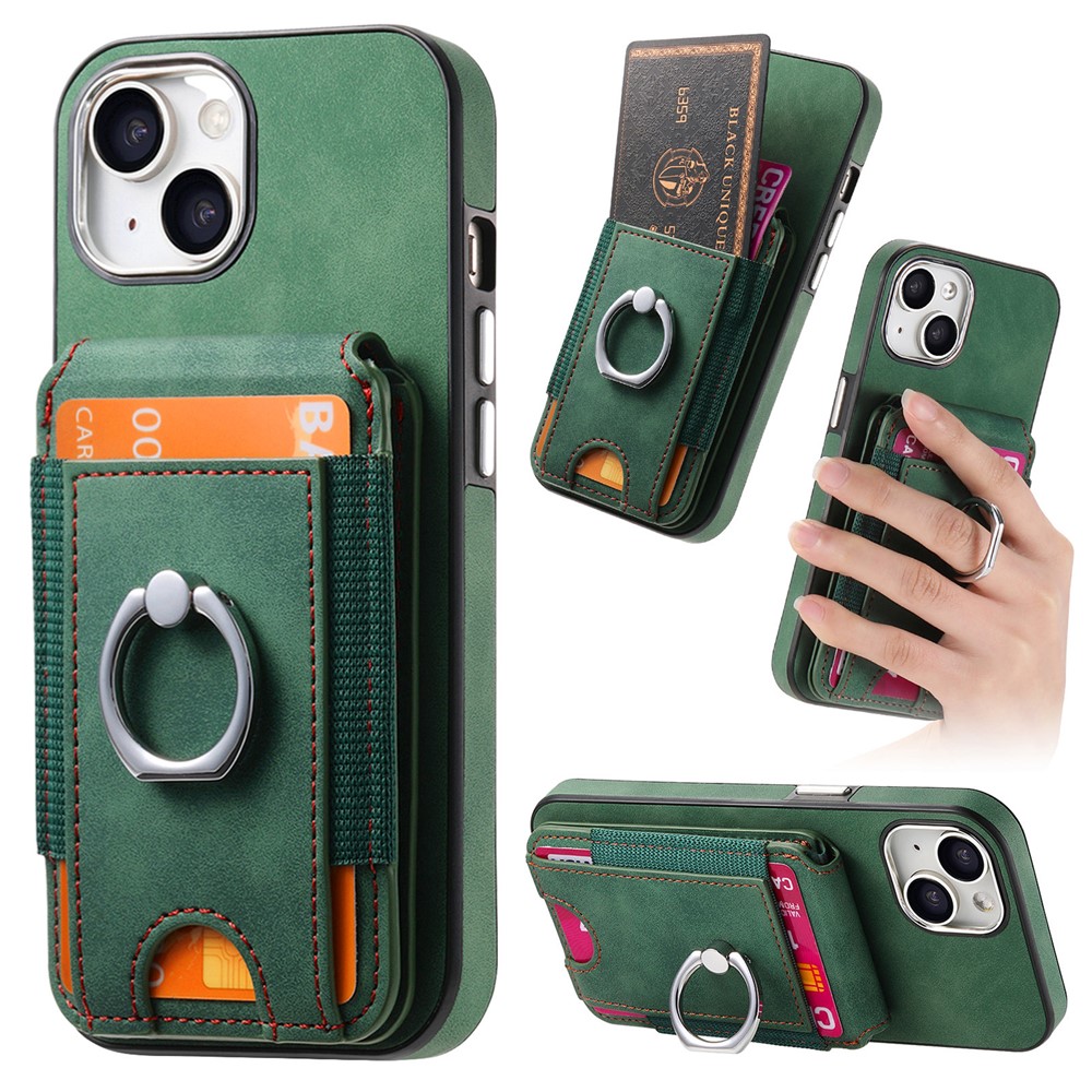 E6 For iPhone 15 Case Skin-touch Texture Vertical Flip Card Holder Ring Holder Kickstand Anti-drop Cover - Green
