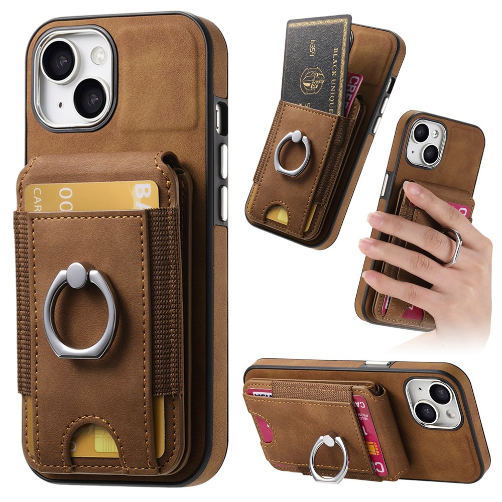 E6 For iPhone 15 Case Skin-touch Texture Vertical Flip Card Holder Ring Holder Kickstand Anti-drop Cover - Brown