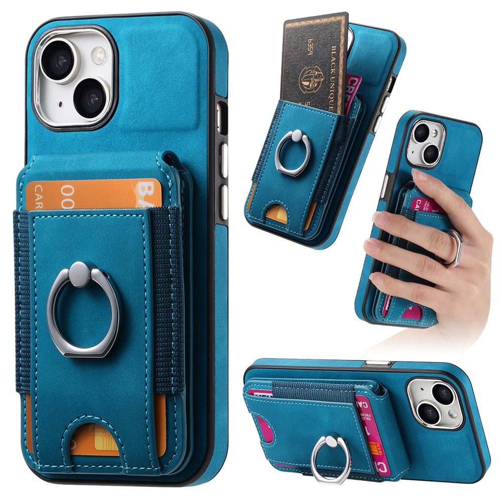 E6 For iPhone 15 Case Skin-touch Texture Vertical Flip Card Holder Ring Holder Kickstand Anti-drop Cover - Blue