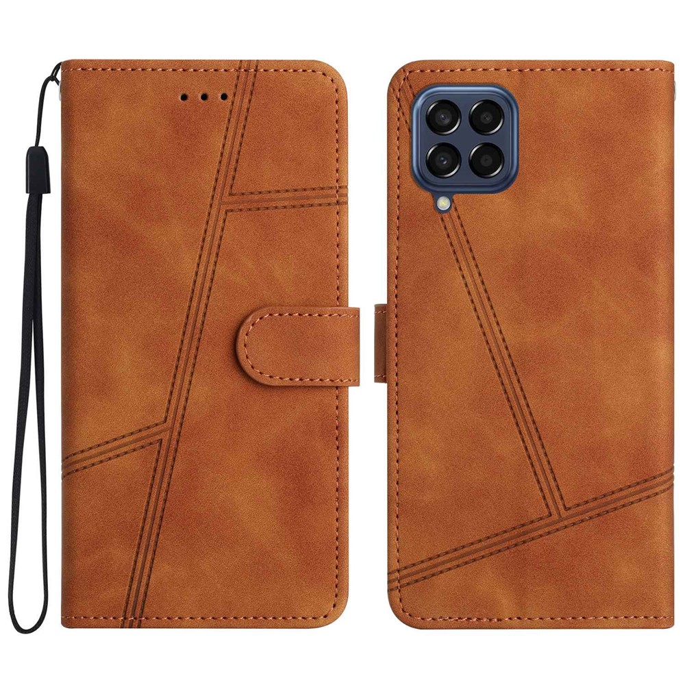 For Samsung Galaxy M33 5G (Global Version) Fully Wrapped Phone Case, Skin-touch Feeling Lines Imprinted Vintage PU Leather Magnetic Flip Cover with Wallet Stand - Brown-1