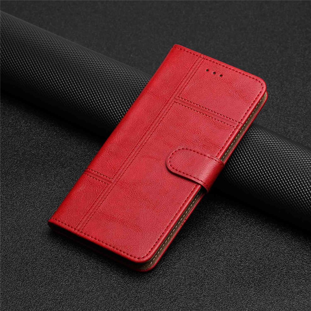 For Samsung Galaxy A23 5G Business PU Leather Flip Wallet Case Lines Imprinted Stand Magnetic Closure Cover with Strap - Red-8