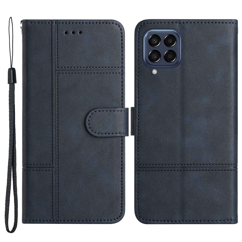 For Samsung Galaxy M53 5G Cowhide Texture PU Leather Business Case Lines Imprinted Wallet Sand Feature Flip Cover with Strap - Blue-1