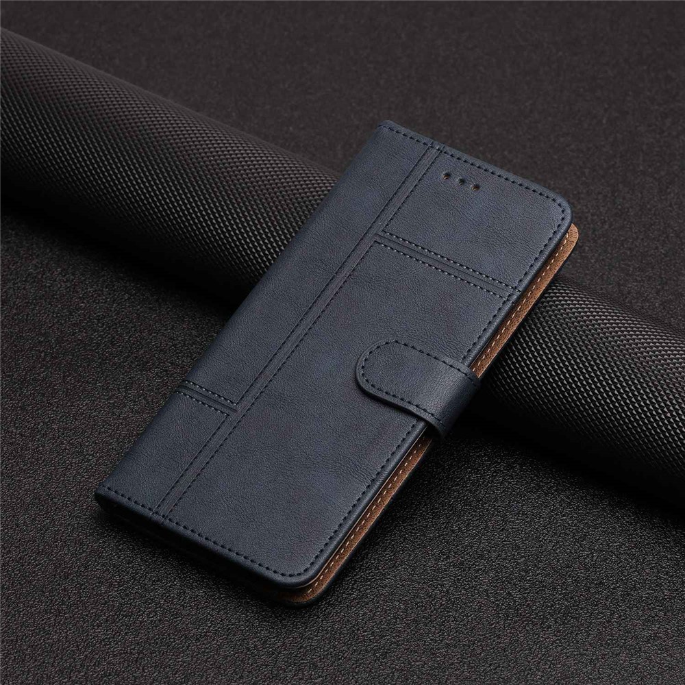 For Samsung Galaxy M53 5G Cowhide Texture PU Leather Business Case Lines Imprinted Wallet Sand Feature Flip Cover with Strap - Blue-7