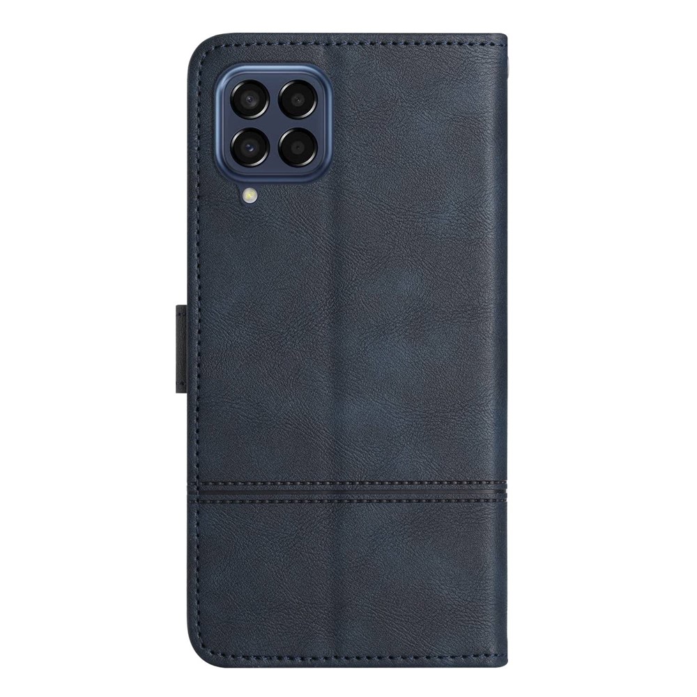 For Samsung Galaxy M53 5G Cowhide Texture PU Leather Business Case Lines Imprinted Wallet Sand Feature Flip Cover with Strap - Blue-9