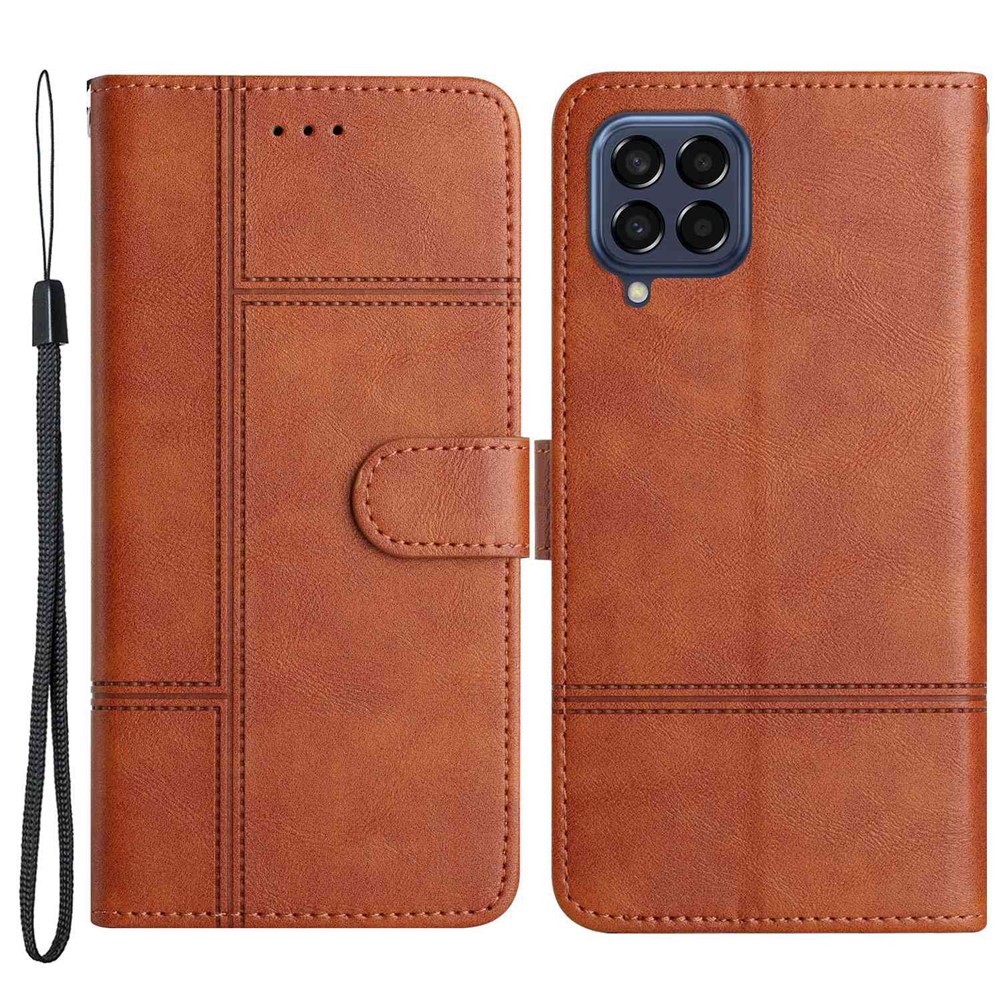 For Samsung Galaxy M33 5G (Global Version) PU Leather Magnetic Wallet Phone Case Business Style Lines Imprinted Sand Flip Cover with Strap - Brown-1