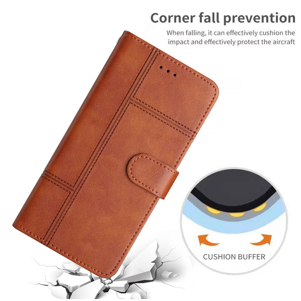 For Samsung Galaxy M33 5G (Global Version) PU Leather Magnetic Wallet Phone Case Business Style Lines Imprinted Sand Flip Cover with Strap - Brown-6