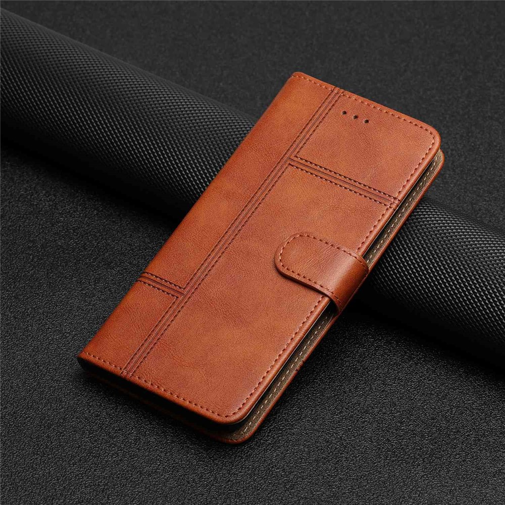 For Samsung Galaxy M33 5G (Global Version) PU Leather Magnetic Wallet Phone Case Business Style Lines Imprinted Sand Flip Cover with Strap - Brown-7