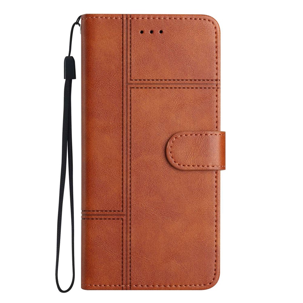 For Samsung Galaxy M33 5G (Global Version) PU Leather Magnetic Wallet Phone Case Business Style Lines Imprinted Sand Flip Cover with Strap - Brown-8