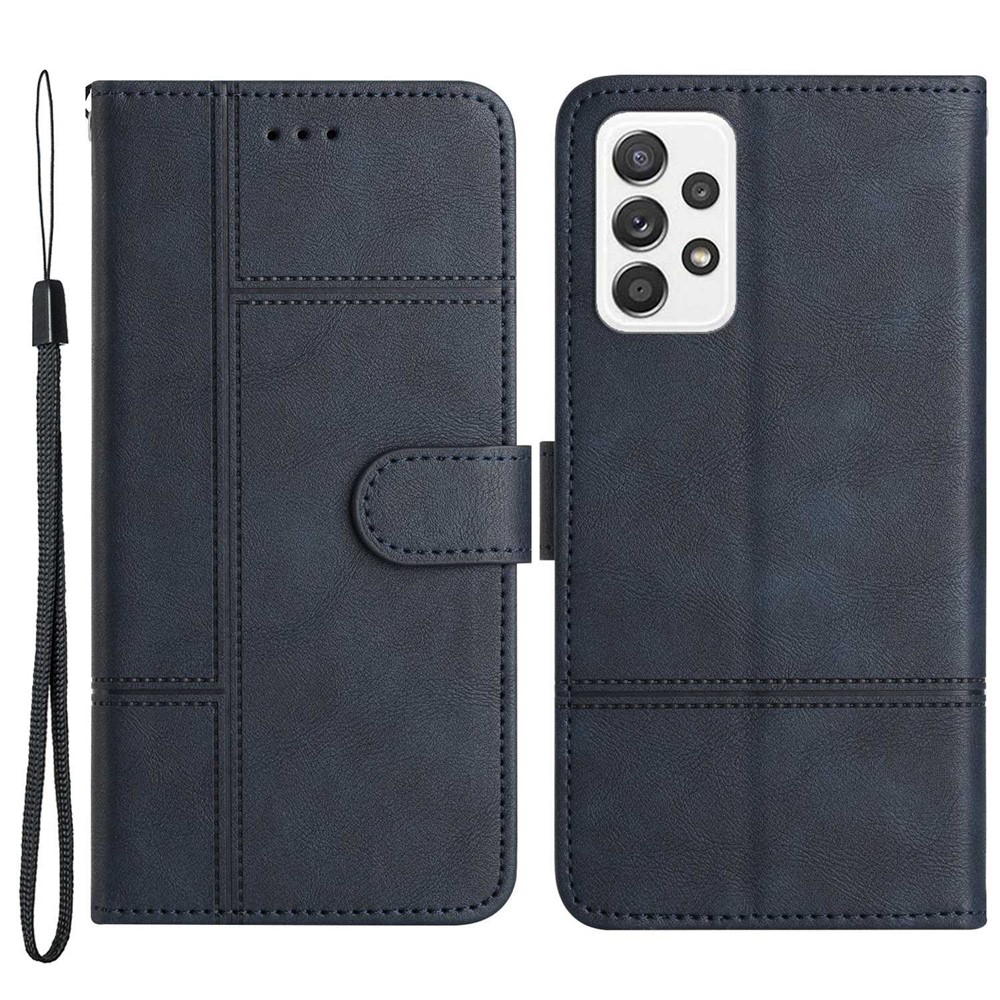 For Samsung Galaxy A53 5G PU Leather Business Wallet Phone Case Lines Imprinted Sand Flip Magnetic Protective Cover with Strap - Blue-1