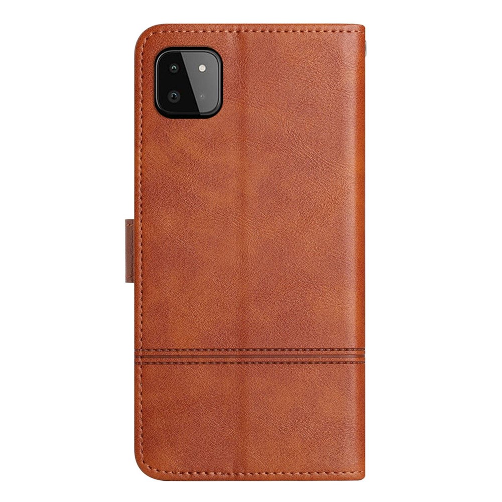 For Samsung Galaxy A22 5G (EU Version) PU Leather Folio Flip Cover Lines Imprinted Wallet Stand Magnetic Business Case with Strap - Brown-10