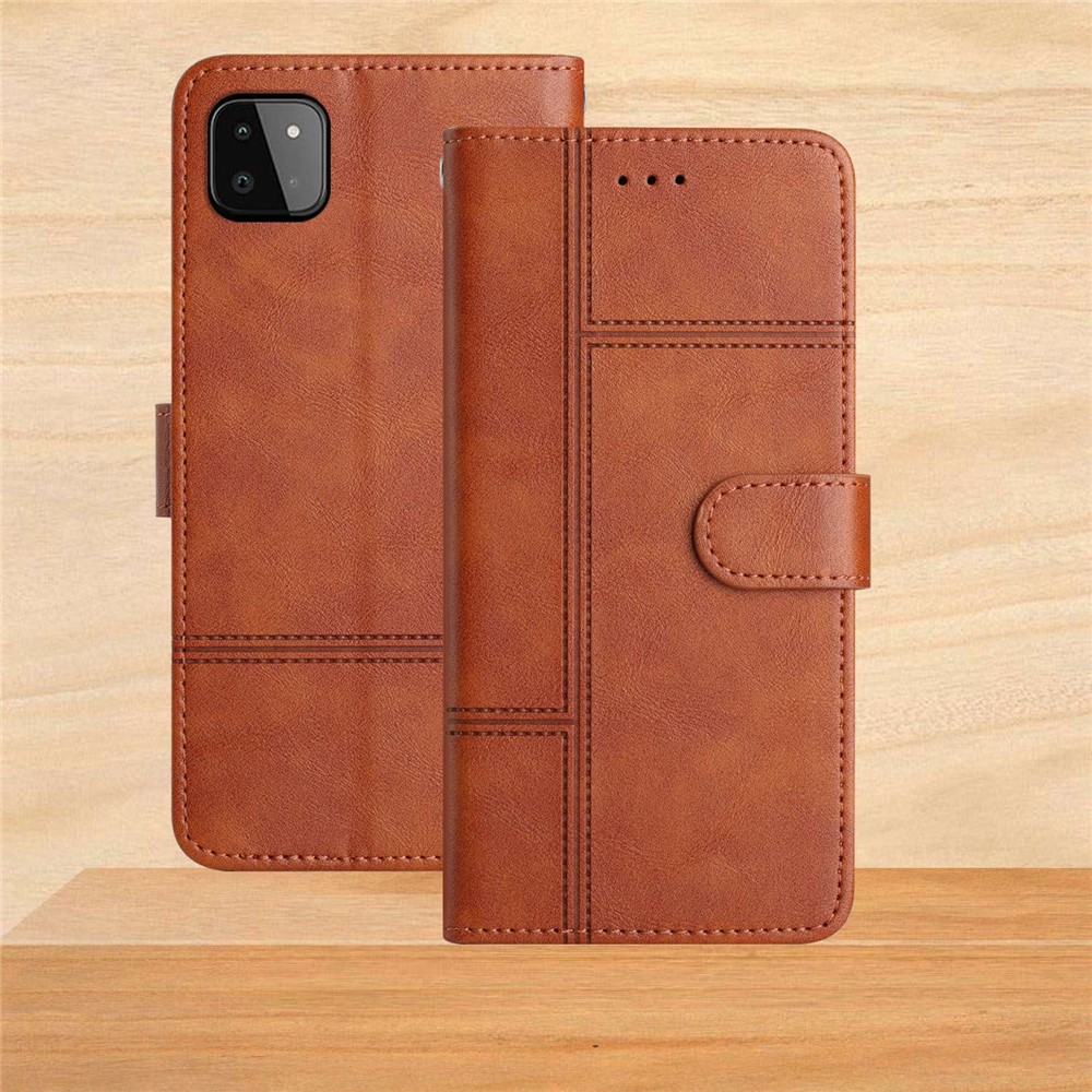 For Samsung Galaxy A22 5G (EU Version) PU Leather Folio Flip Cover Lines Imprinted Wallet Stand Magnetic Business Case with Strap - Brown-7