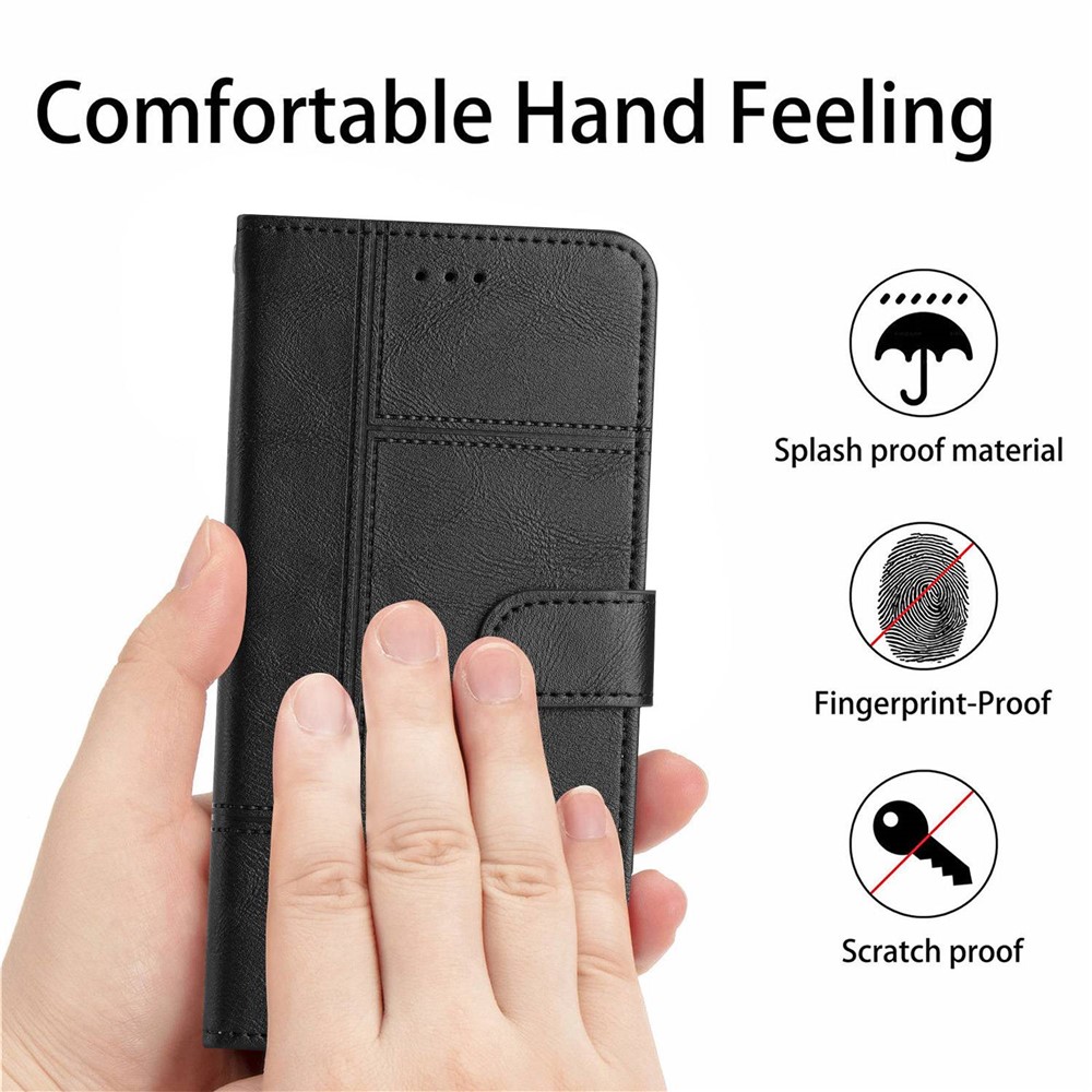 For Samsung Galaxy A32 4G (EU Version) PU Leather Business Case Lines Imprinted Stand Folio Flip Wallet Cover with Strap - Black-5