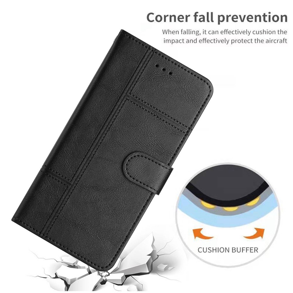 For Samsung Galaxy A32 4G (EU Version) PU Leather Business Case Lines Imprinted Stand Folio Flip Wallet Cover with Strap - Black-6