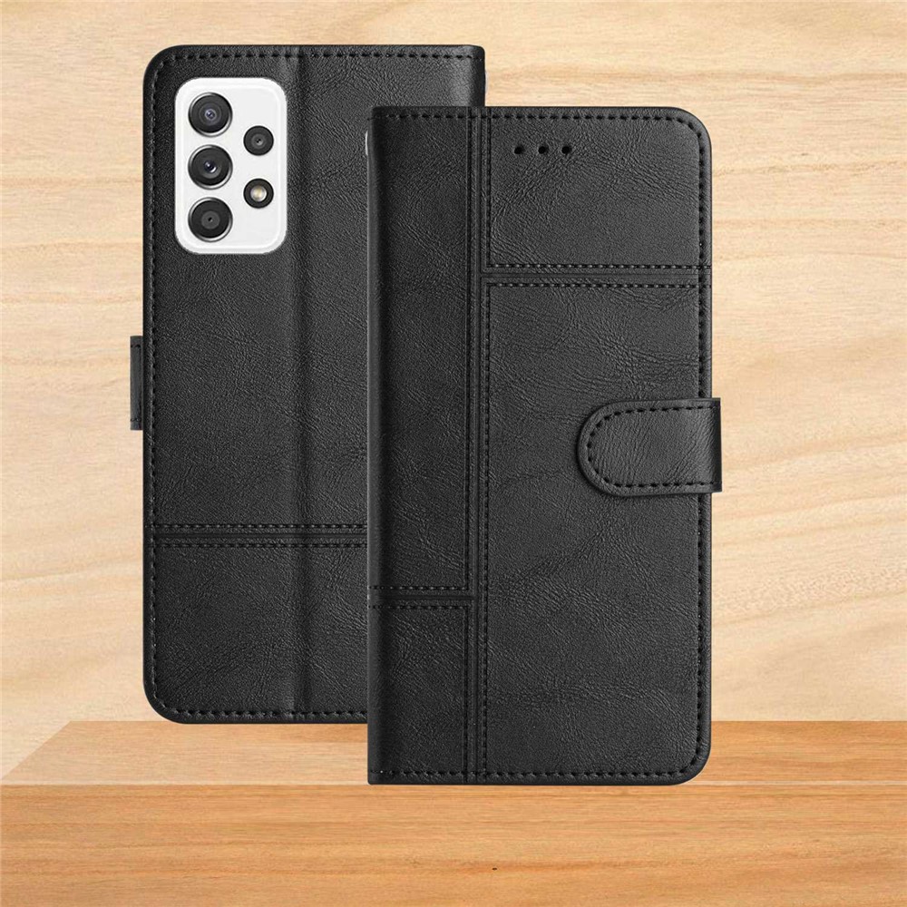 For Samsung Galaxy A32 4G (EU Version) PU Leather Business Case Lines Imprinted Stand Folio Flip Wallet Cover with Strap - Black-7