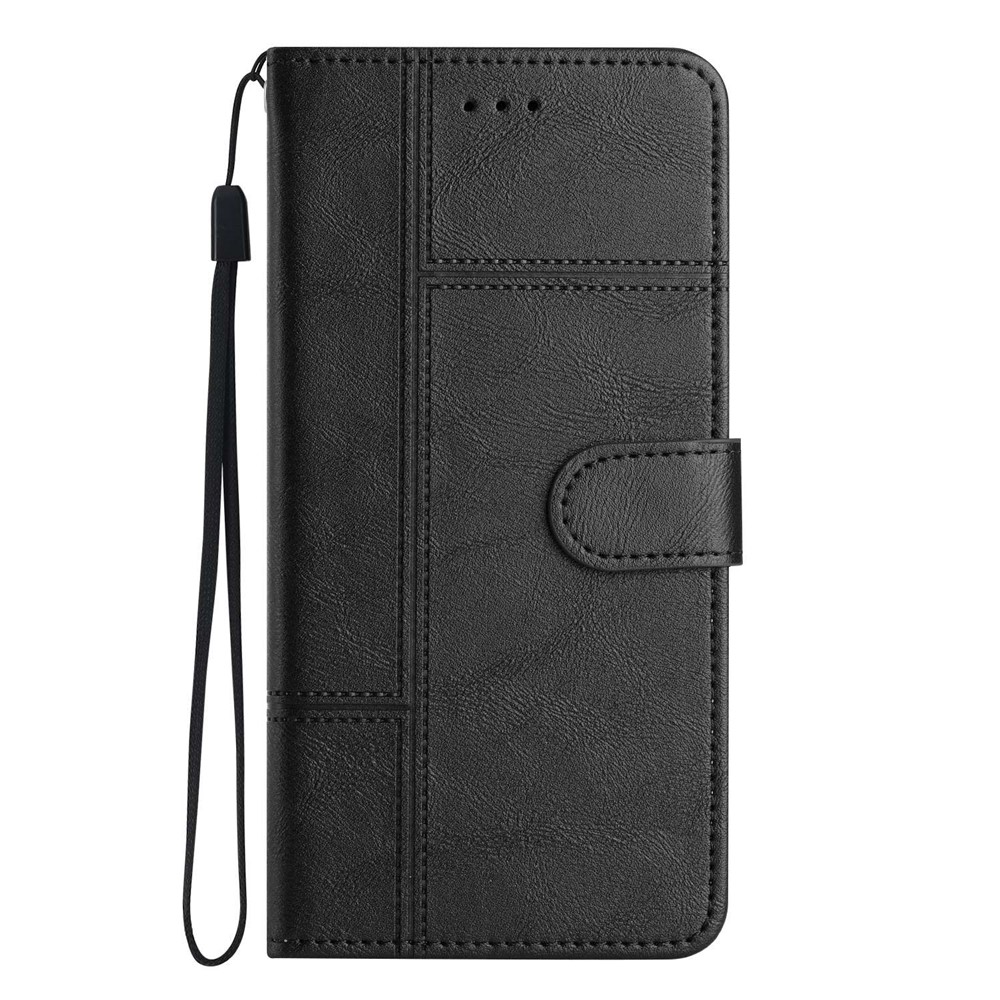 For Samsung Galaxy A32 4G (EU Version) PU Leather Business Case Lines Imprinted Stand Folio Flip Wallet Cover with Strap - Black-9