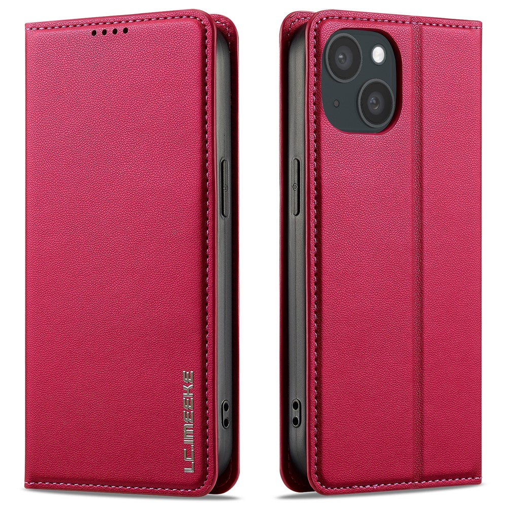 LC.IMEEKE L1 Series for iPhone 15 Plus Case PU Leather Wallet Stand Protective Phone Cover - Red