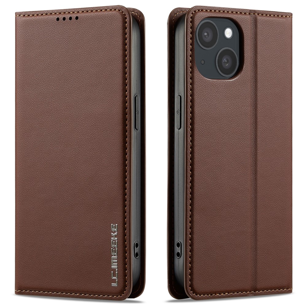 LC.IMEEKE L1 Series for iPhone 14 / 13 Case PU Leather Wallet Stand Protective Phone Cover - Brown