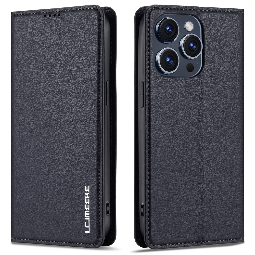 LC.IMEEKE L1 Series for iPhone 14 Pro Case PU Leather Wallet Stand Protective Phone Cover - Black