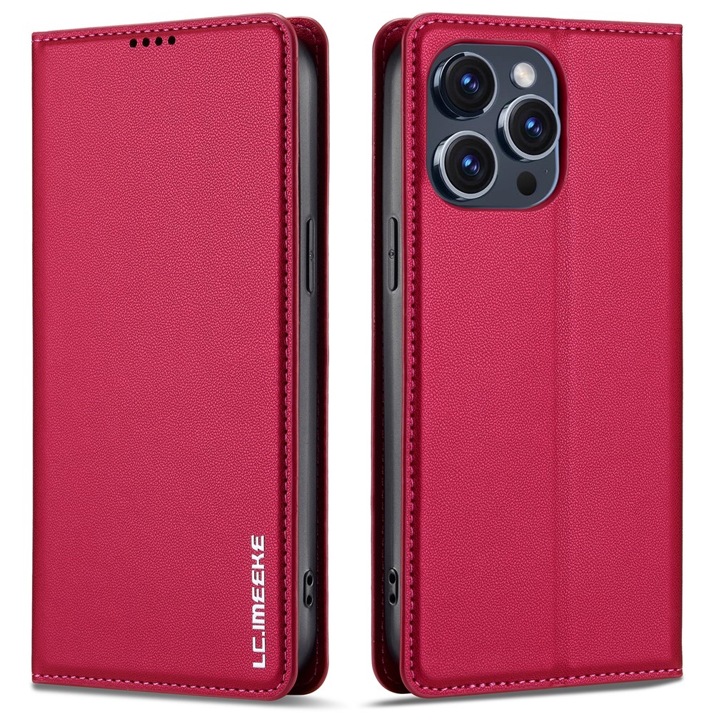LC.IMEEKE L1 Series for iPhone 14 Pro Case PU Leather Wallet Stand Protective Phone Cover - Red