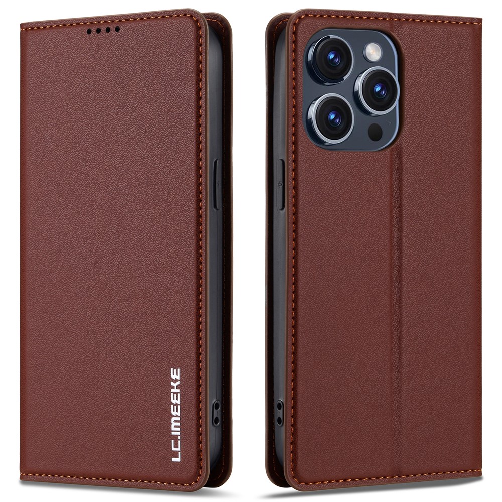 LC.IMEEKE L1 Series for iPhone 14 Pro Max Case PU Leather Wallet Stand Protective Phone Cover - Brown