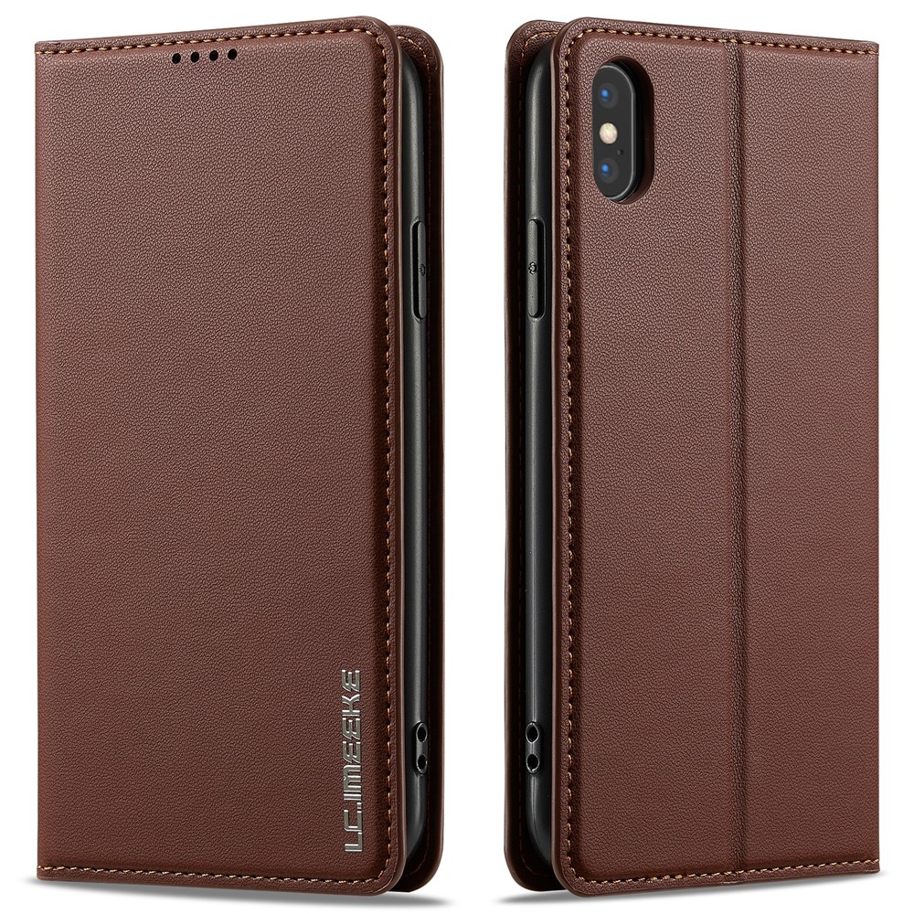 LC.IMEEKE L1 Series for iPhone XS / X Case PU Leather Wallet Stand Protective Phone Cover - Brown