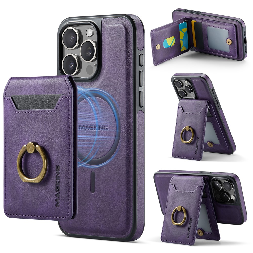 MAGKING K1 Series For iPhone 14 Pro Magnetic Case PC+TPU+PU Phone Cover with Card Holder Kickstand - Purple