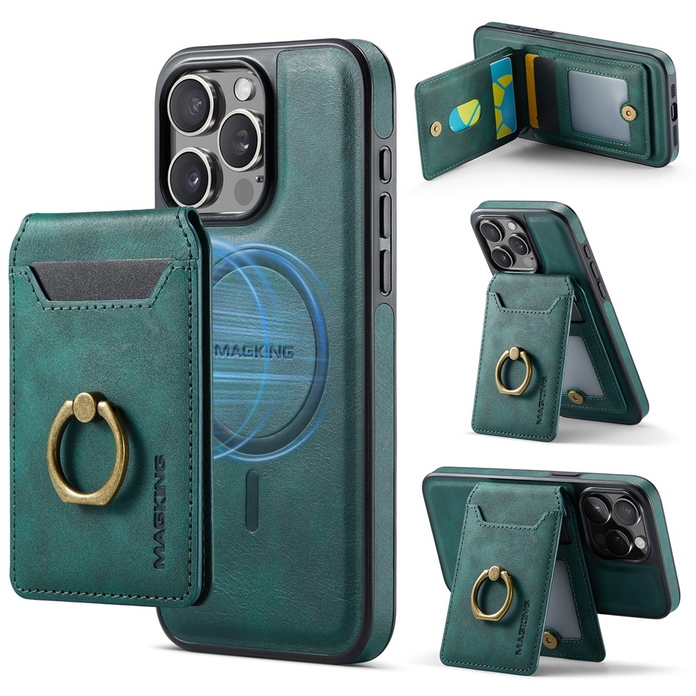 MAGKING K1 Series For iPhone 14 Pro Magnetic Case PC+TPU+PU Phone Cover with Card Holder Kickstand - Green