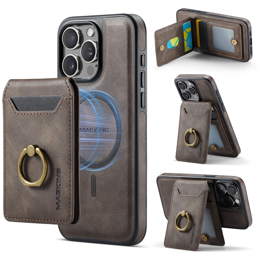 MAGKING K1 Series For iPhone 14 Pro Magnetic Case PC+TPU+PU Phone Cover with Card Holder Kickstand - Coffee