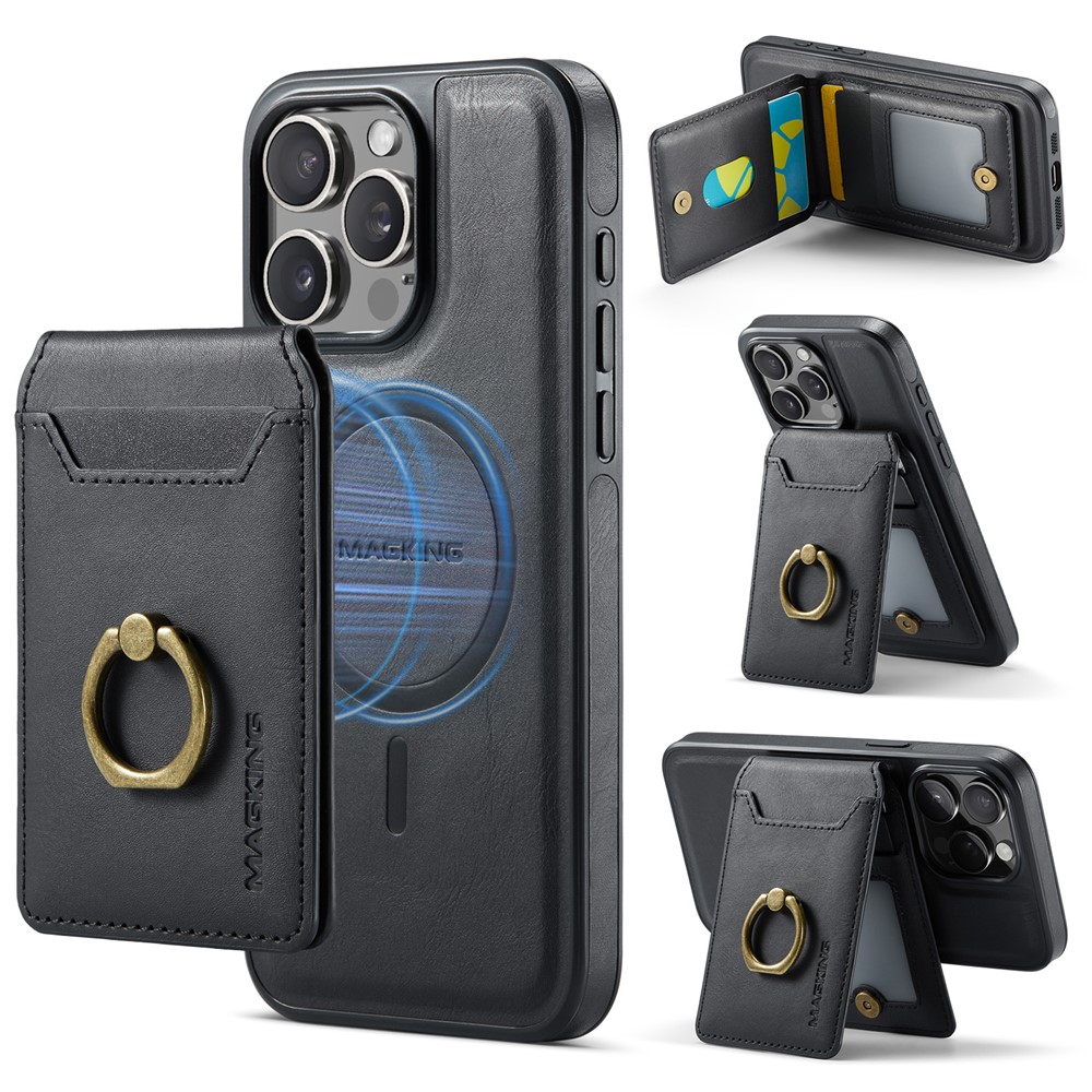 MAGKING K1 Series For iPhone 14 Pro Magnetic Case PC+TPU+PU Phone Cover with Card Holder Kickstand - Black