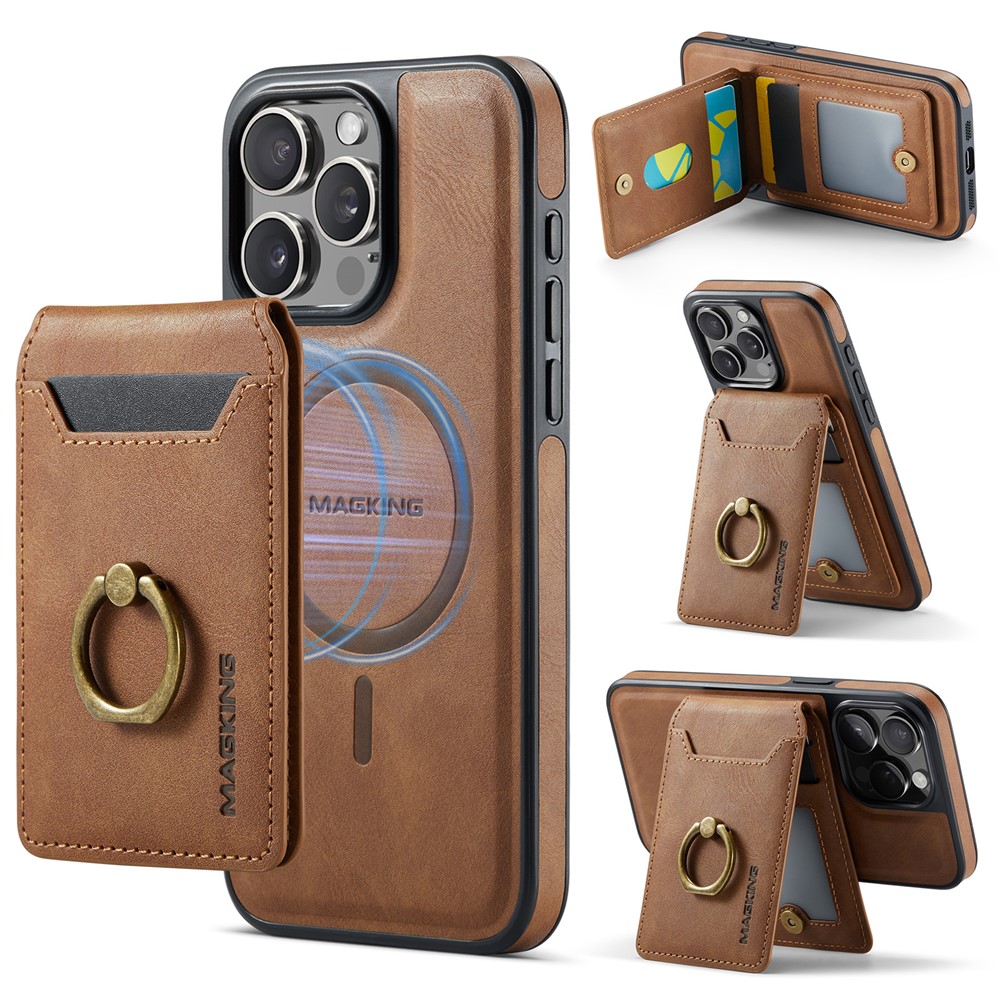 MAGKING K1 Series For iPhone 12 / 12 Pro Magnetic Case PC+TPU+PU Phone Cover with Card Holder Kickstand - Brown