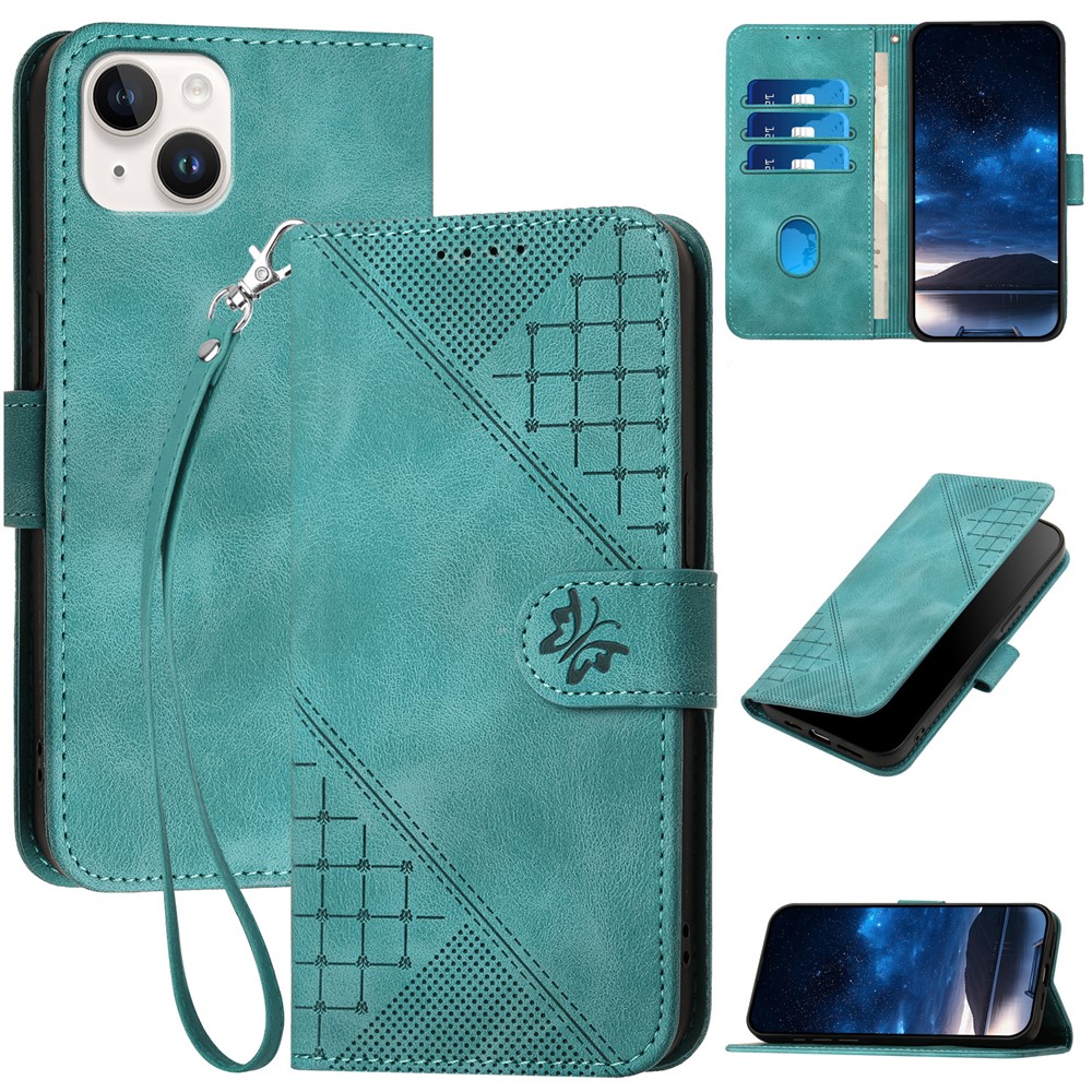 For iPhone 15 Plus Leather Wallet Case Butterfly Flower Imprinted Phone Cover with Strap - Baby Blue