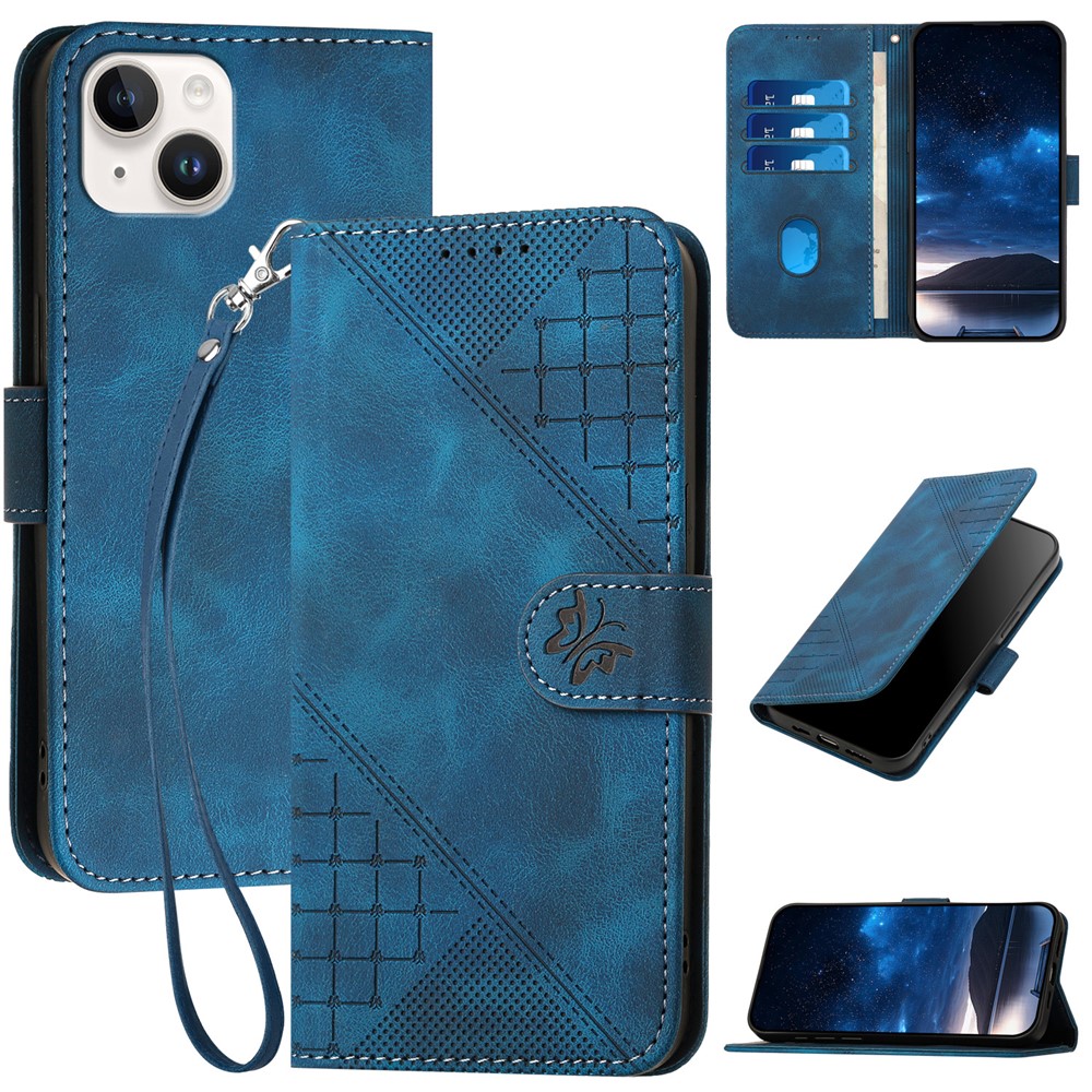 For iPhone 15 Plus Leather Wallet Case Butterfly Flower Imprinted Phone Cover with Strap - Sapphire