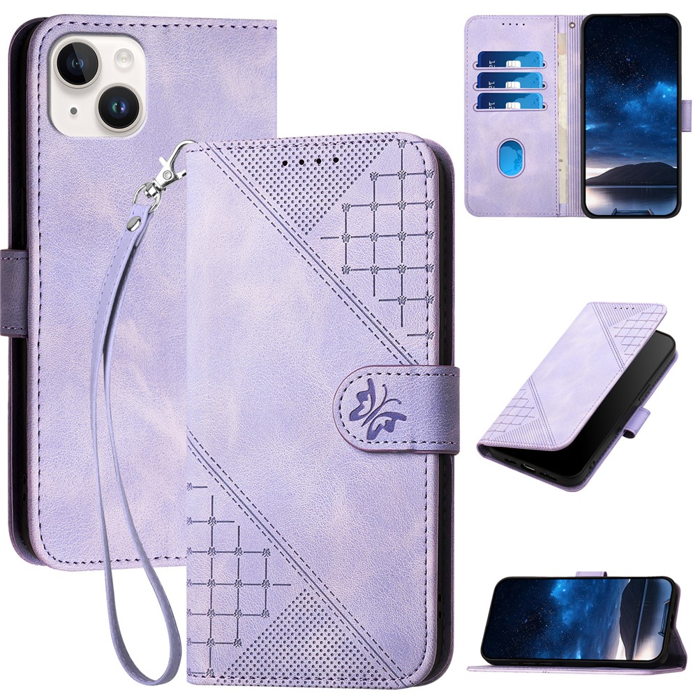 For iPhone 15 Plus Leather Wallet Case Butterfly Flower Imprinted Phone Cover with Strap - Light Purple