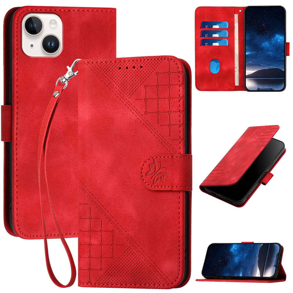 For iPhone 15 Plus Leather Wallet Case Butterfly Flower Imprinted Phone Cover with Strap - Red