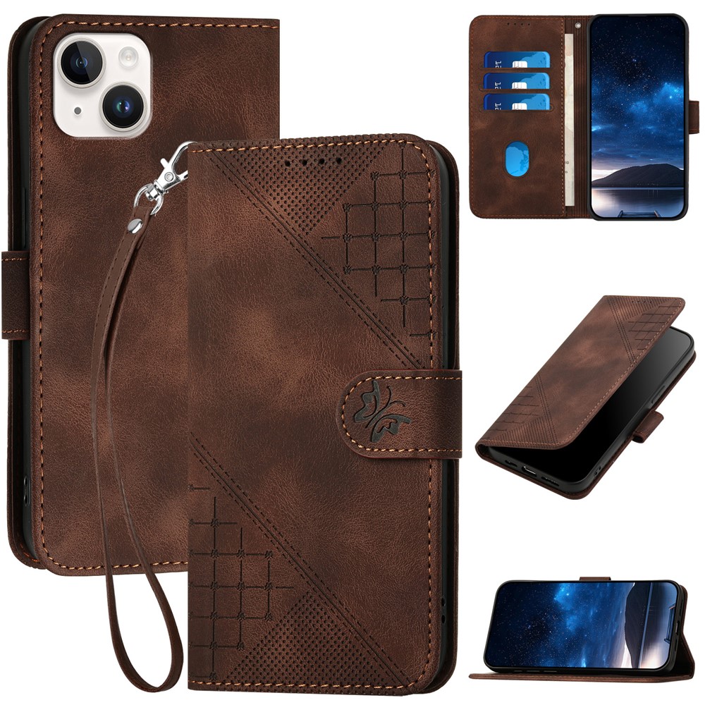 For iPhone 15 Plus Leather Wallet Case Butterfly Flower Imprinted Phone Cover with Strap - Brown